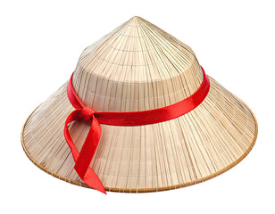 Conical woven hat with red ribbon, a traditional style, isolated on black