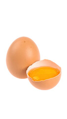 Two eggs one whole, the other cracked showing a vibrant yellow yolk and egg white