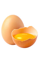 A whole brown egg stands beside a cracked egg with a vibrant yolk and shell fragments