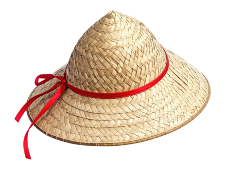 A woven straw hat with a conical crown, wide brim, and red ribbon detail against black