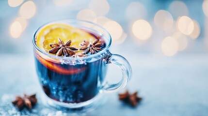 Warm spiced beverage with citrus and star anise on a festive background