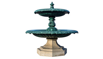 Classic, tiered bronze fountain, set against a black background. Details include ornate bowl tiers