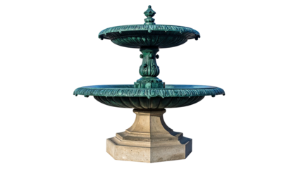 Classic, tiered bronze fountain, set against a black background. Details include ornate bowl tiers