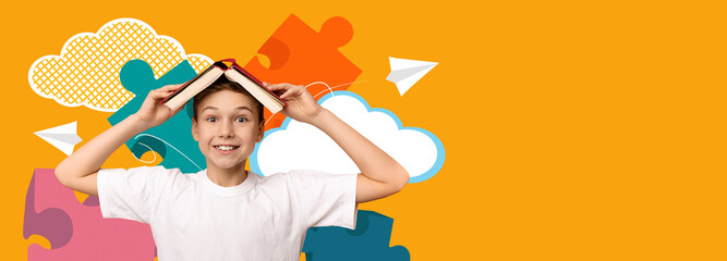 A cheerful child stands in a vibrant classroom setting, balancing a book on their head. Colorful puzzle pieces and paper airplanes add to the lively atmosphere. Joyful learning is clear.