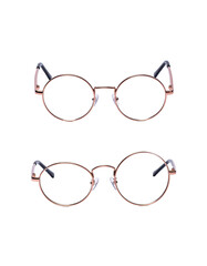 Two pairs of round-framed spectacles, one with decorative earpieces, set against a black backdrop