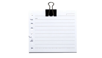 A lined white paper sheet clipped with a black binder clip, isolated on black background