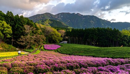 Rolling hills of vibrant pink azaleas, tea fields, and distant mountains