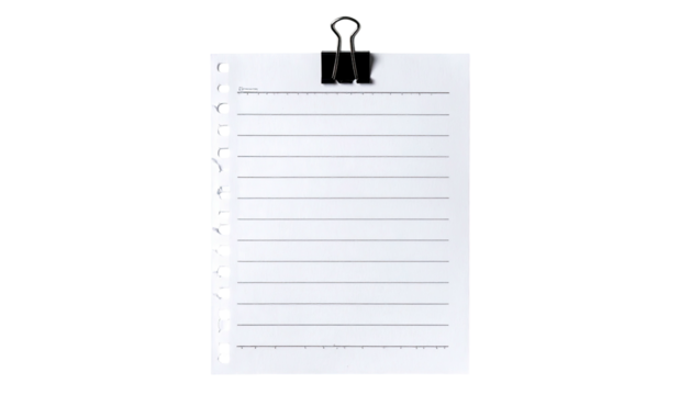 Blank lined paper held by a black binder clip against a dark background
