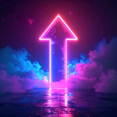 Neon arrow pointing upwards through vibrant clouds