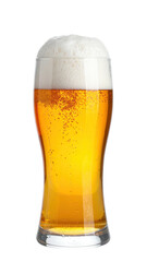 Tall glass of golden beverage with a thick, creamy white head, against a black background
