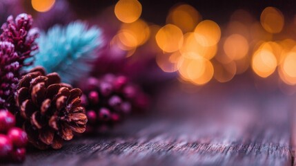 Beautiful arrangement of pinecones and colorful bokeh lights for winter decor