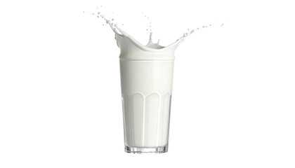 A tall glass of white liquid with a dynamic splash rising above, set against a stark black background