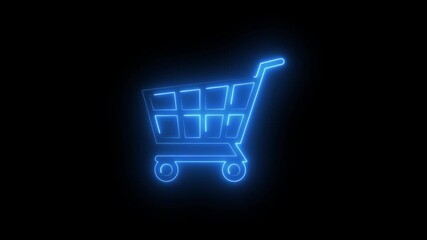 Neon blue shopping cart icon on black background trolley retail