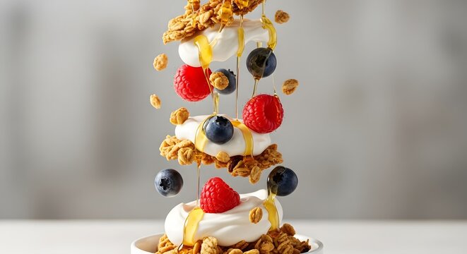 A visually appealing granola parfait dessert featuring layers of granola yogurt fresh berries and drizzled honey. Shot against a clean grey background with floating elements creating a dynamic effect.