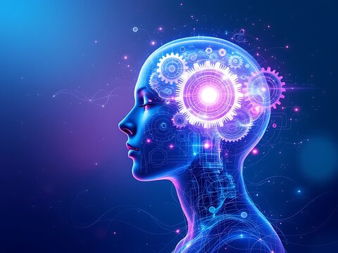 Artificial intelligence ai brain with gears and glowing lights concept technology digital mind 3d on transparent background