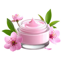 Pink cream jar surrounded by blossoming flowers and green leaves, isolated on black