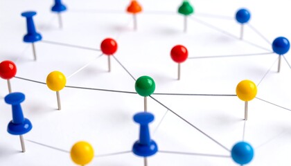 Colorful pushpins connected by thin threads on white surface.  A network or connections is implied