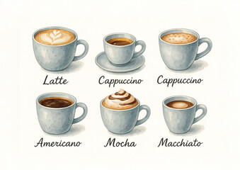 Watercolor illustration of different types of coffee drinks in blue cups: latte, cappuccino, americano, mocha, and macchiato. Each cup is beautifully painted with realistic foam and coffee textures, l