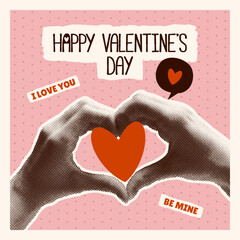 Valentine’s Day card featuring halftone hands forming a heart shape in a modern collage style. Y2K-inspired design with text stickers, torn paper elements, and romantic details. For expressing love
