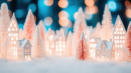 Fototapeta premium Charming winter village scene with glowing houses and snowy trees