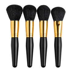 Four makeup brushes, black handles, golden ferrules, and dense dark bristles, arranged neatly