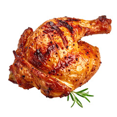 Close-up of a roasted chicken leg, seasoned and browned, with a sprig of rosemary