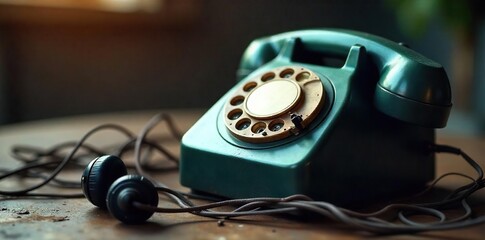 Vintage Telephone Receiver and Tangled Headphones A Nostalgic Symbol of Communication Evolution