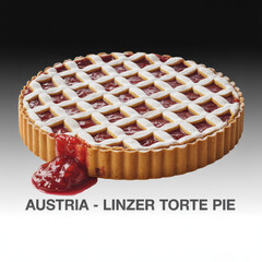 Traditional Austrian Linzer torte pie with powdered lattice crust and jam overflow