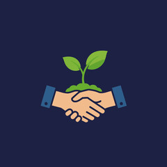 Sustainable Business Partnership Vector Illustration Featuring Handshake Fostering Plant Growth on Dark Blue Background