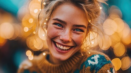 Fototapeta premium Smiling woman with lights in background during festive evening gathering