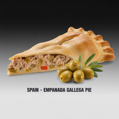 Traditional Spanish empanada gallega pie slice with tuna filling and green olives on white