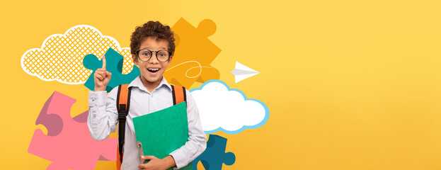 A cheerful child stands with a green folder and a backpack. Bright puzzle pieces and clouds decorate the background, reflecting a playful school environment filled with learning.