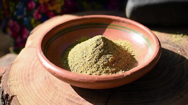 A close up shot of hands grinding whole coriander seeds into powder with a stone on a wooden surface