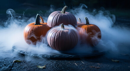 Eerie Halloween scene of colorful pumpkins enveloped in mysterious swirling smoke and fog at night. A spooky and atmospheric autumn still life, perfect for a magical or scary holiday background.