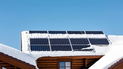 Fototapeta premium Solar panels on a snow covered roof under a clear blue sky