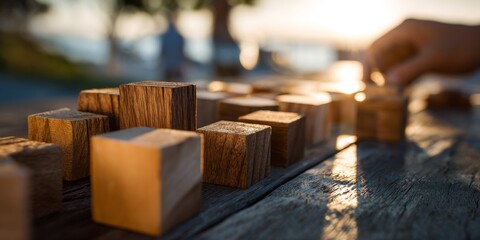 Wooden Blocks Arranged by a Person During Sunset at a Tranquil Outdoor Setting