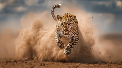 Leopard runs swiftly through dusty terrain in a dramatic chase under a bright blue sky