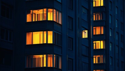 The image shows the exterior of a multi-story apartment building at night, with several windows brightly lit from within, showcasing warm yellow light against the dark building facade.