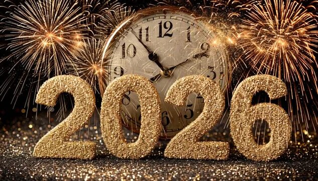 New Year 2026 Celebration with Golden Clock Countdown and Fireworks. Festive Holiday Greeting Banner with Glitter Numbers and Midnight Party Atmosphere. Video.