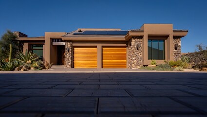 Modern southwestern home with solar panels and desert landscaping