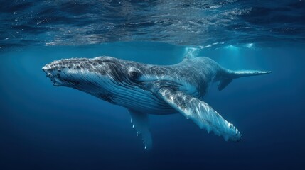 Naklejka premium A whale is swimming in the ocean. The whale is large and has a long tail. The water is blue and clear