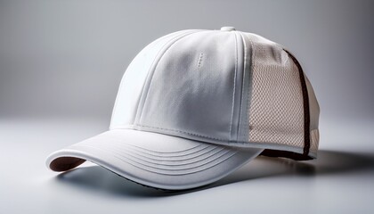 white mesh baseball cap with curved brim placed on a white surface against a plain white background