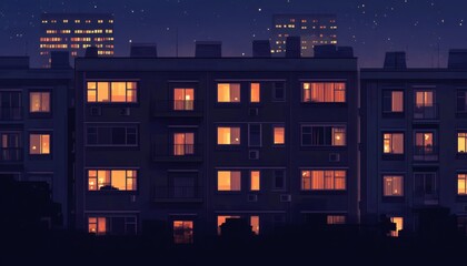 The illustration shows multiple apartment buildings at night, with warm yellow lights illuminating the windows, set against a dark night sky with stars.