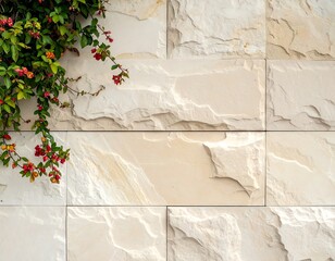 Cream-colored stone wall with climbing plants