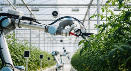 Medium shot of a robotic arm equipped with pruning shears swiftly trimming plant branches with precise AIdriven movements in a controlled greenhouse setting.