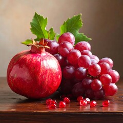 Still life of a pomegranate and red grapes on a wooden surface