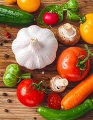 Freshly picked vegetables on a rustic wooden surface