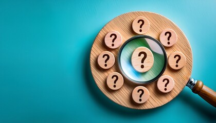 magnifying glass lying among wooden discs with question marks and one wooden disc with a single leaf against a light blue background symbolizing curiosity and exploration