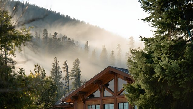 Cozy log cabin nestled in misty pine forest at sunrise