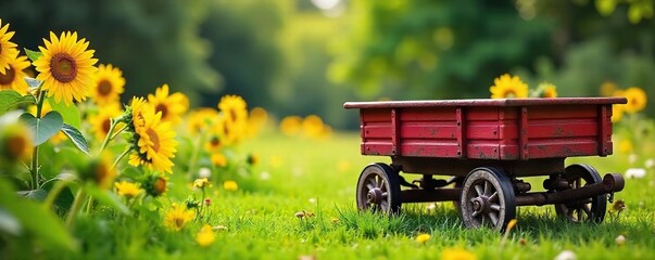 Sunflowers, Vintage Wagon, and Summer Nostalgia A vibrant scene evoking carefree childhood memories on a lush green lawn, perfect for warm summer day imagery.